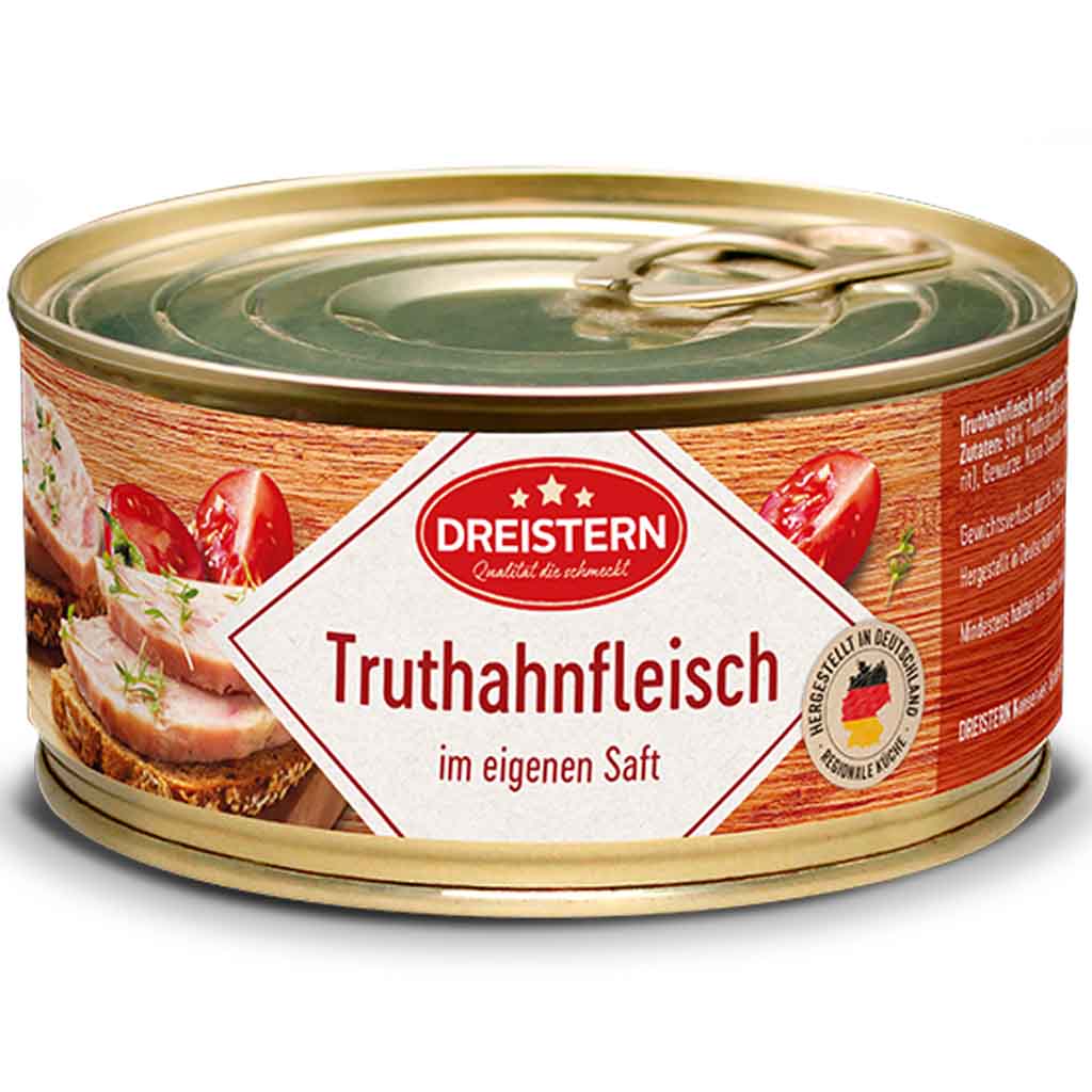 Dreistern Truthahnfleisch im eigenen Saft 300g MHD 10.07.29