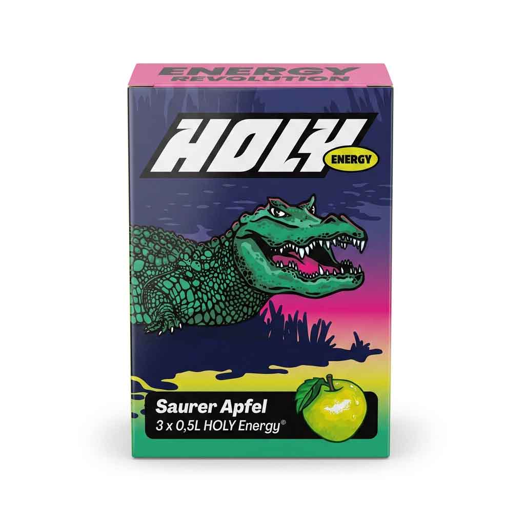 Energiegetränk, Karton-Verpackung, Alligator-Illustration, Saftiges grün-gelbes Obst, Apfel-Logo