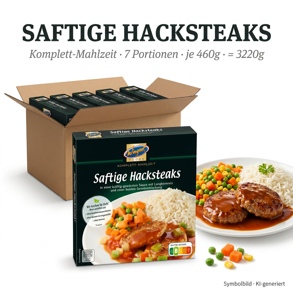 Hacksteaks, fertiggericht, Gefrorenes-Menü, Märkisches Gericht, Beutelbox