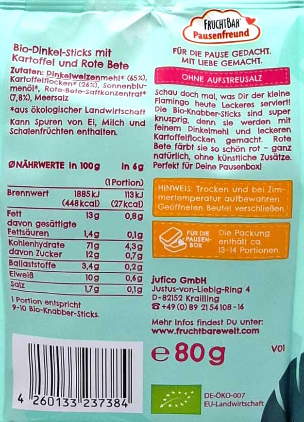 Bio-Dinkel-Sticks, Kartoffel, Rote Bete, vegan, Nährwerte 80 g