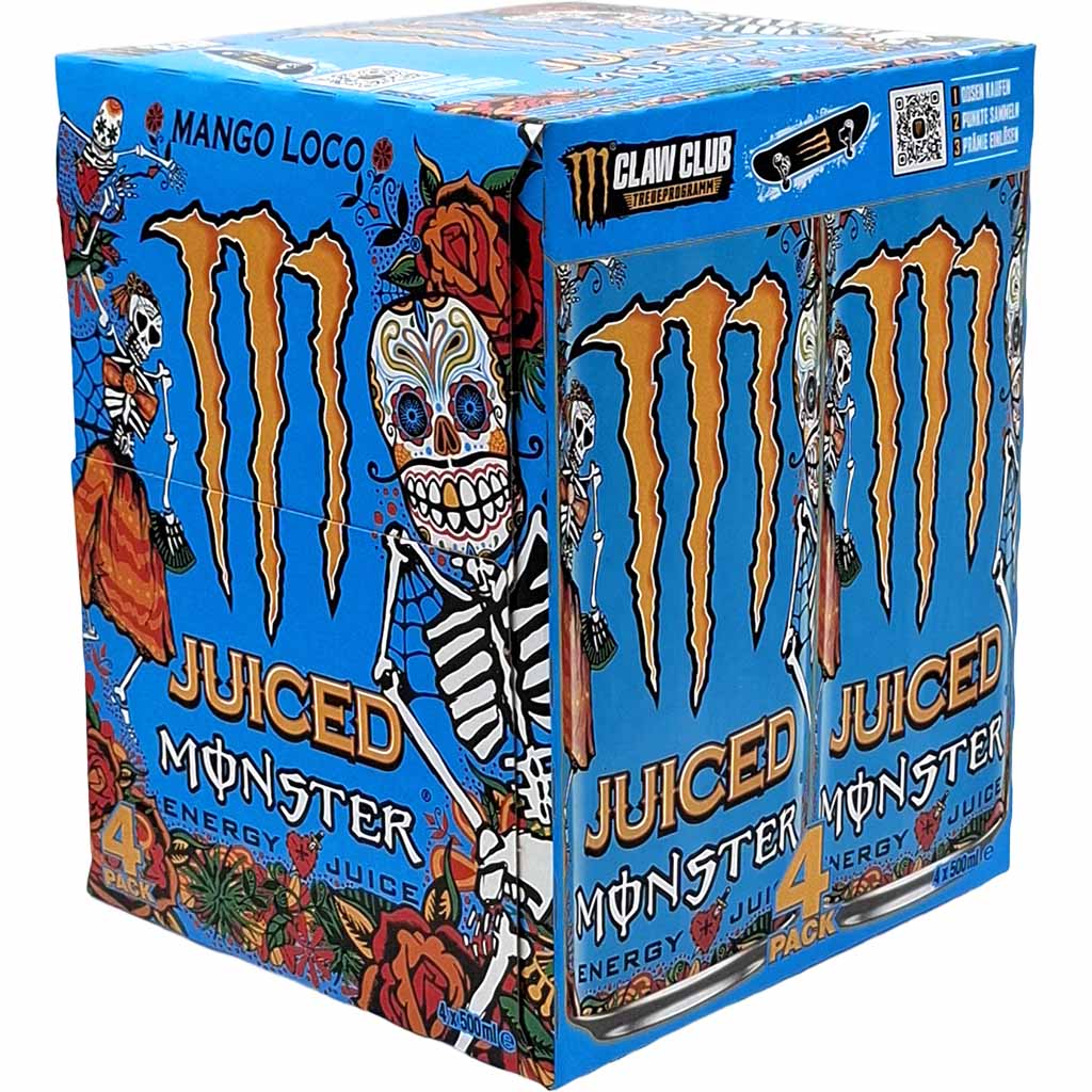 Energiedrink, Monster, Saftpackung, 4er Pack, blaues Karton