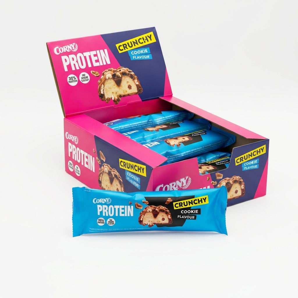 Protein-Riegel, Keks-Geschmack, Crunchy, blaue Verpackung, Snackbox
