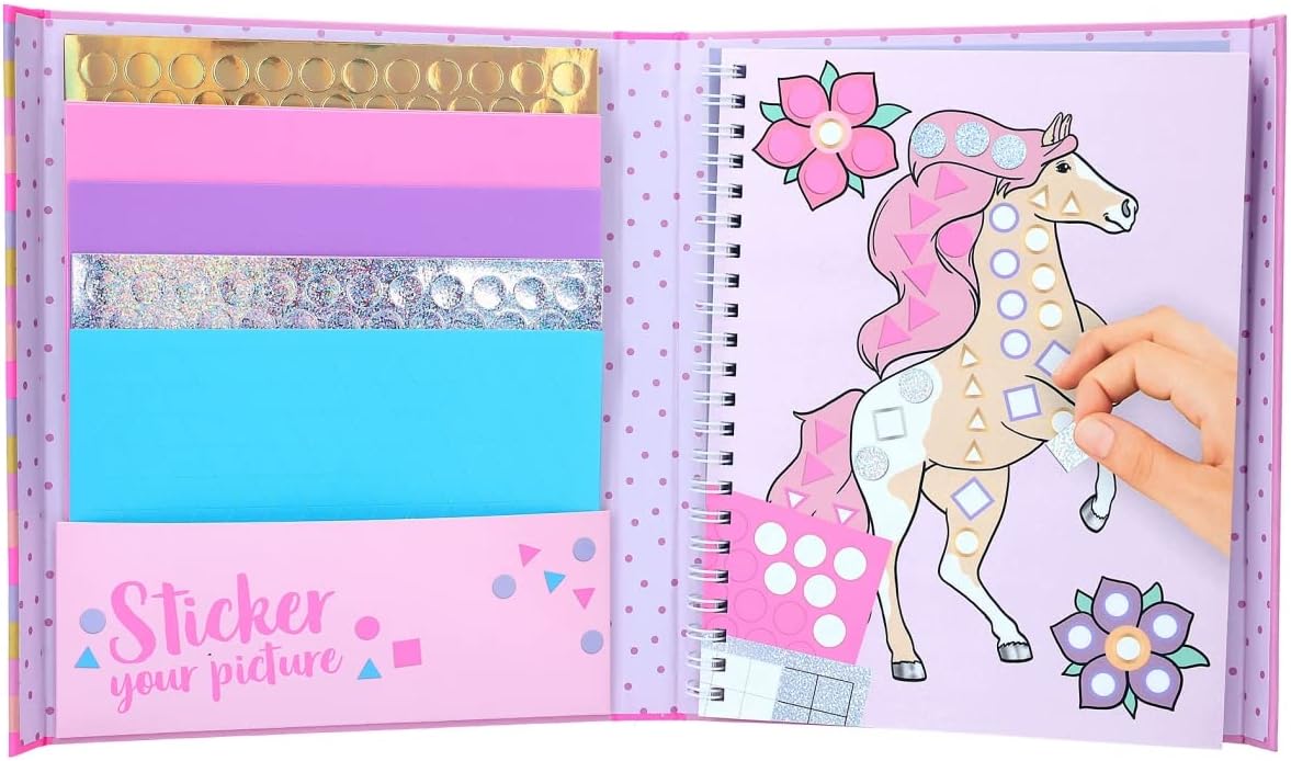 Klebezubehör, Stickerbogen, Notizbuch, Pferdebild, Blumen, Pastellfarben