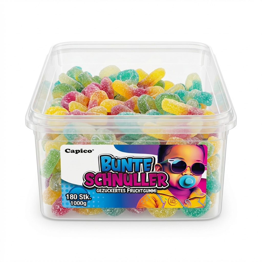 Schnuller, Gummi, Obstgummi, bunt, Behälter