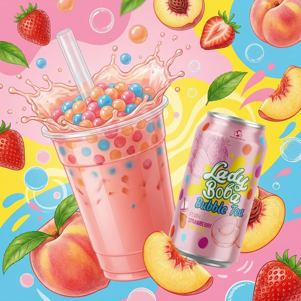 Fruchtiges Getränk, Bubble Tea, Pinky Shake, Becher mit Perlen, Pfirsich-Design