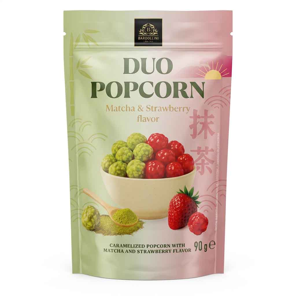 Duo Popcorn, Matcha, Erdbeere, Karamellisiert, Snack-Beutel