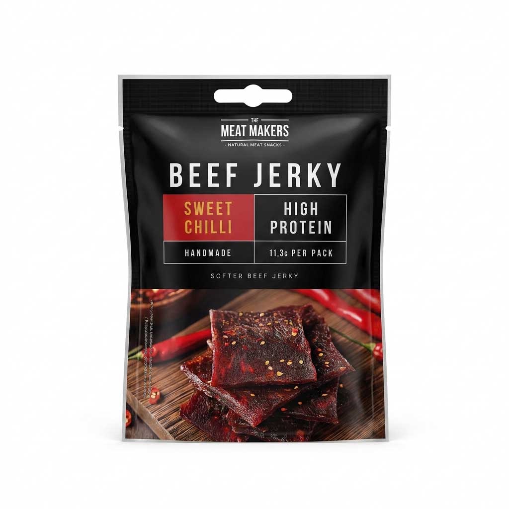 beef jerky, süß chili, hoher proteingehalt, handgemacht, pro pack 11,3 g