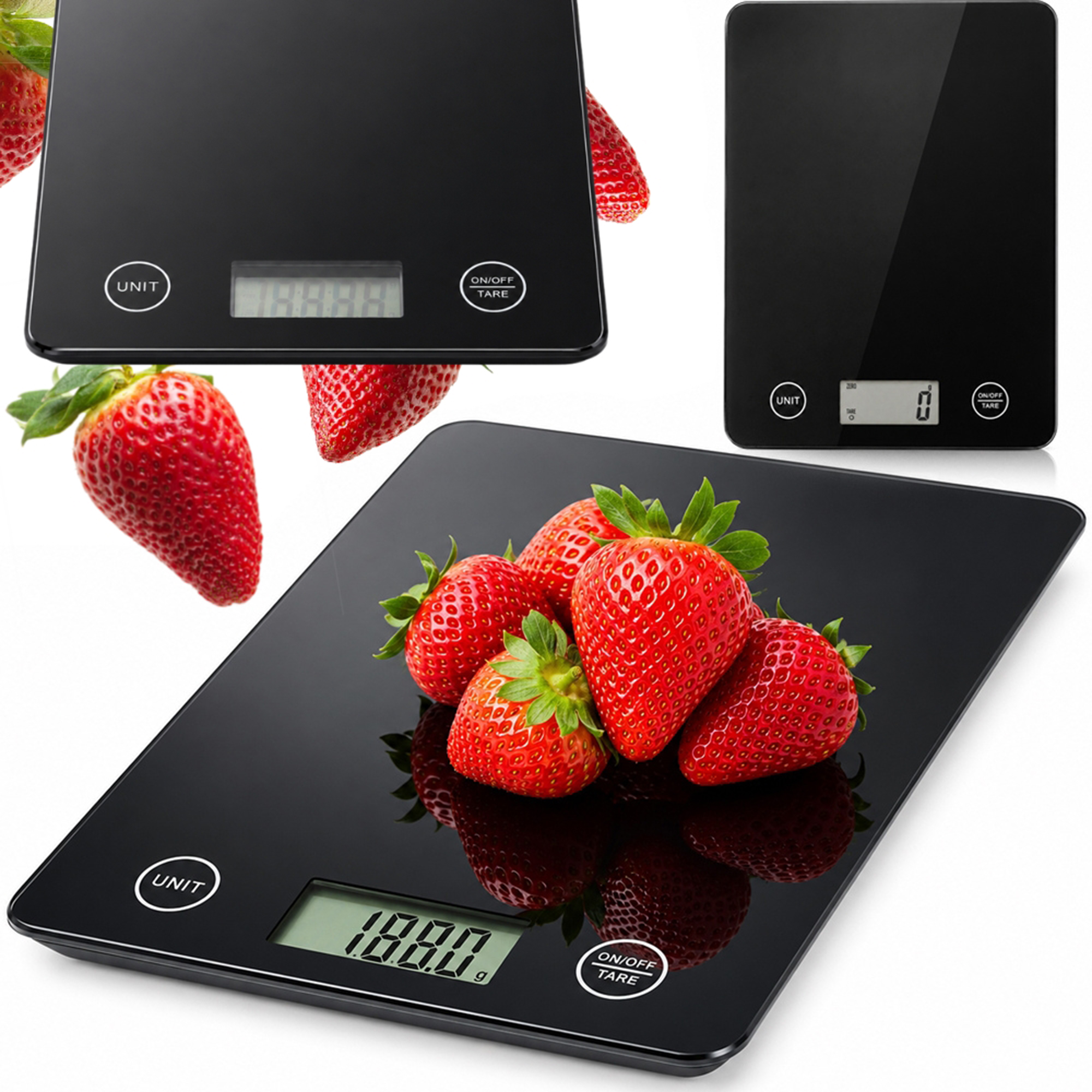 Küchenwaage,  Digitale Waage,  Glasplatte,  Schwarze Oberfläche,  Obst - Erdbeeren