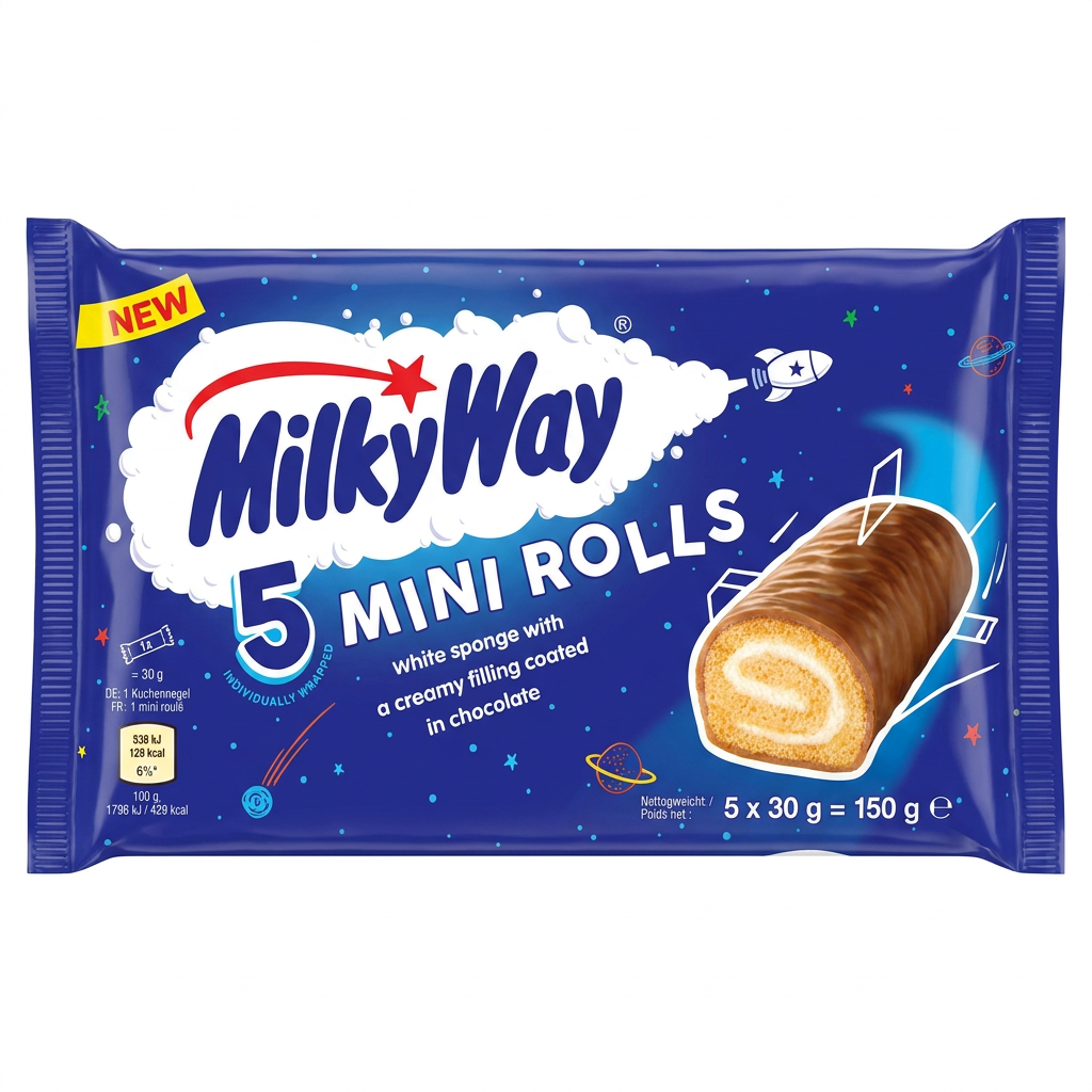 MilkyWay, Mini Rolls, Schokoladenfüllung, White Sponge, Keksrolle
