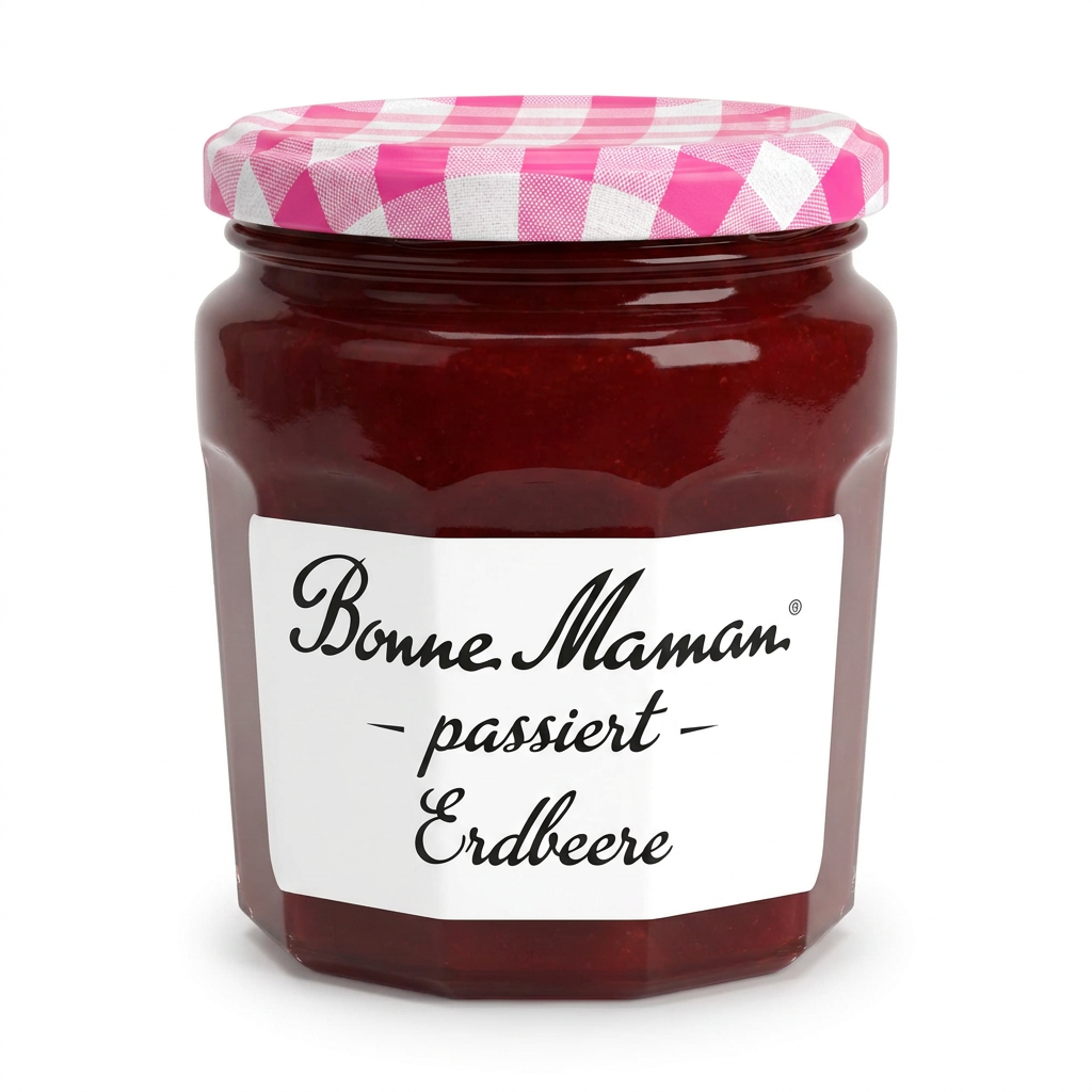 Erdbeermarmelade, Glas, roter Fruchtaufstrich, buntes Deckelmuster, Bonne Maman