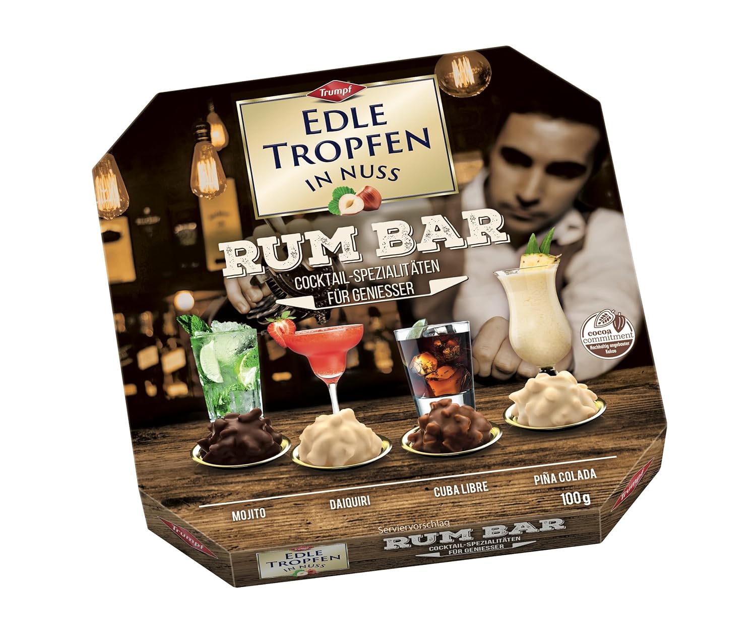 RUM BAR, Cocktail-Zubehör, Pralinen, Edle Tropfen in Nuss, Pine Colada