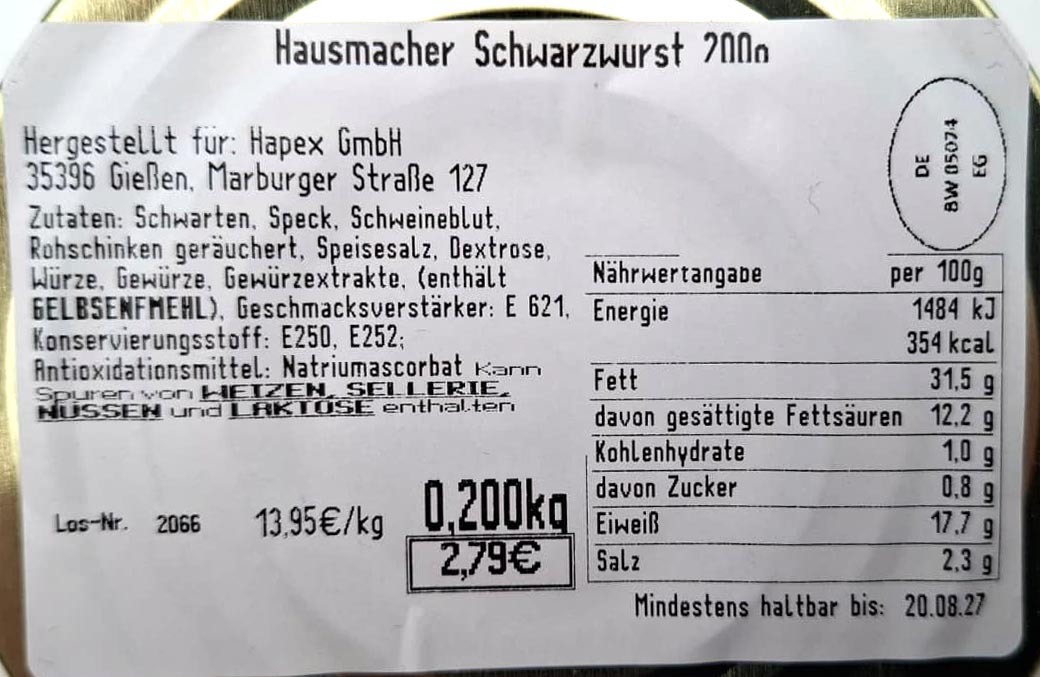 Wurstaufstrich, SchwarzWurst, Hausmacher, Zutaten, Nährwertangabe
