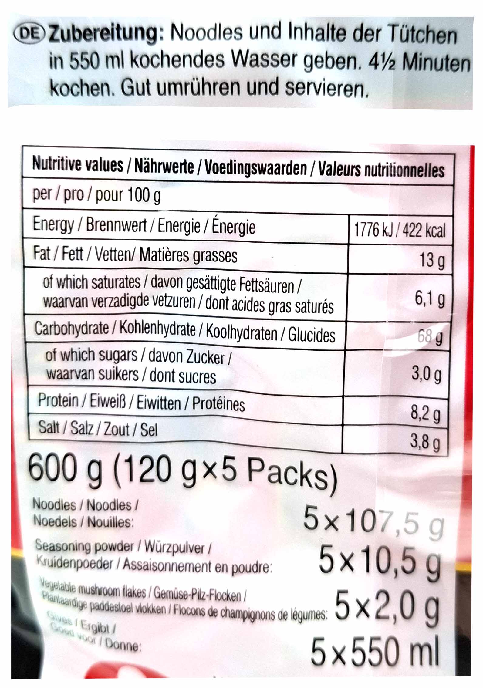 Noodles, Seasoning, Powder, Nutritional values, Pack size
