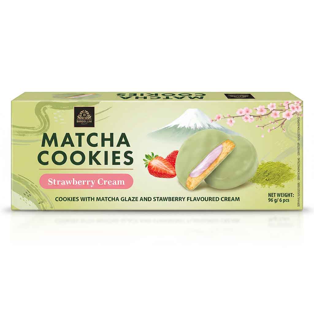 Matcha Kekse, Erdbeer-Creme, Kekse, Matcha-Glasur, Erdbeere