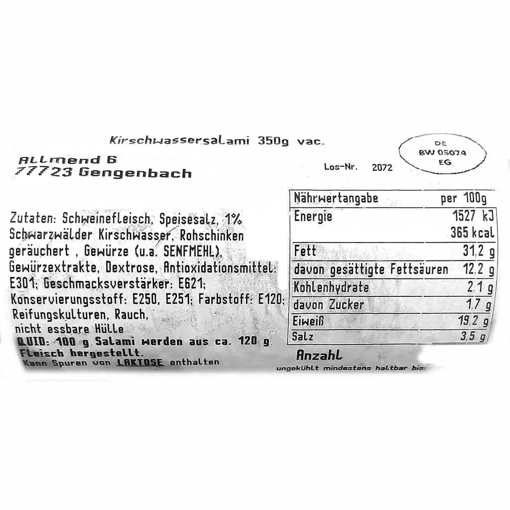 Kirschaussensalami, Salami, Wurst, Zutaten, Nährwertangaben