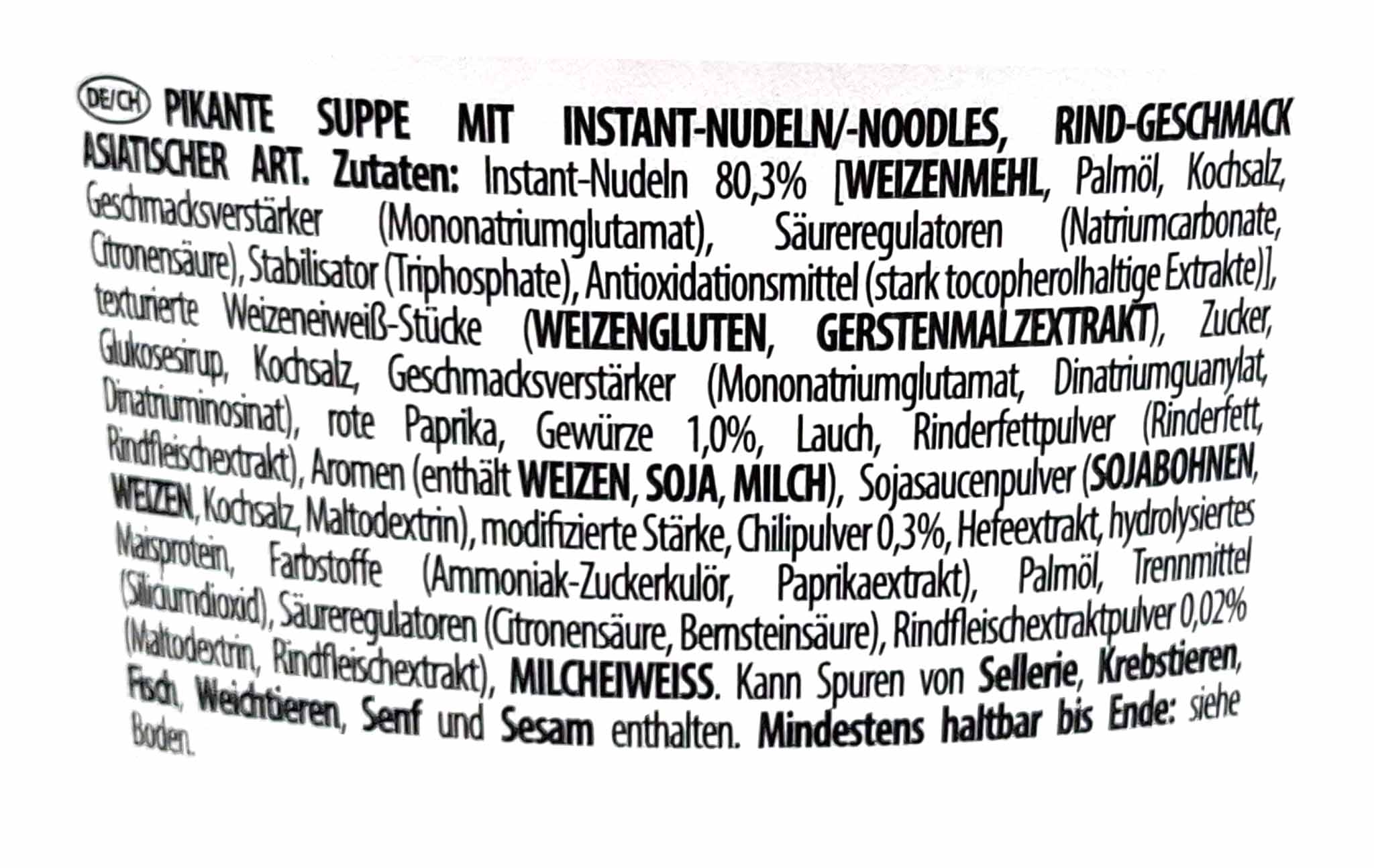 Instant-Nudeln, Weizenmehl, Rind, Paprika, Soja