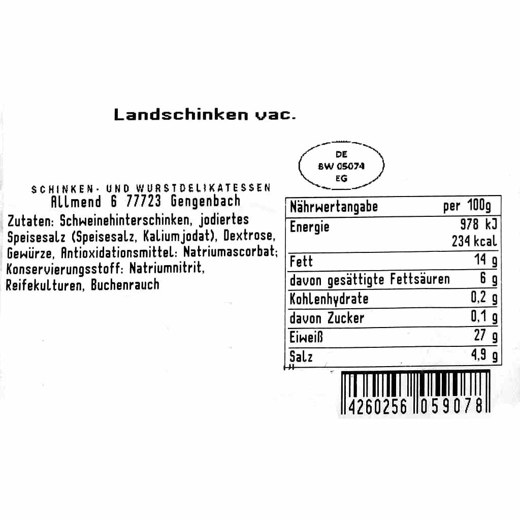 Schinken, Wurstdelikatessen, Zutaten, Nährwerttabelle, Barcode