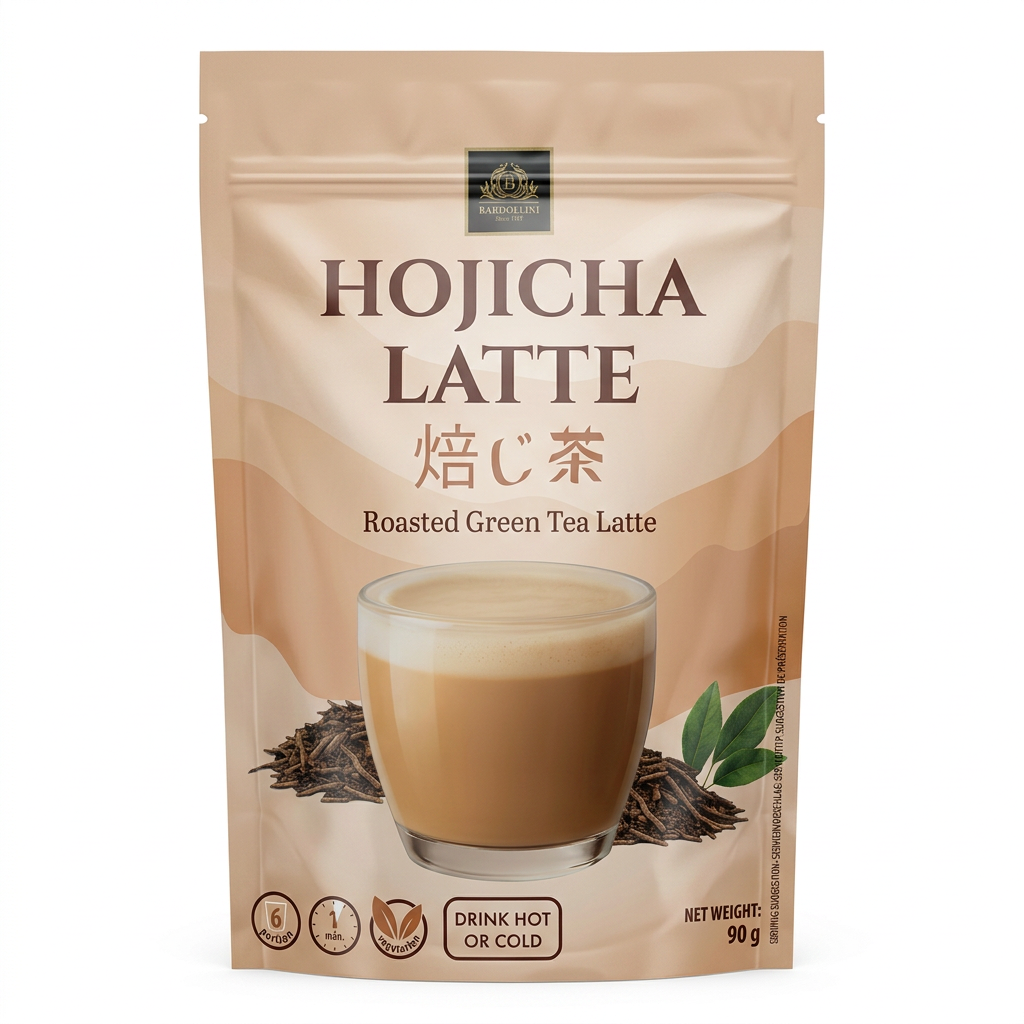Latte, Hojicha, gerösteter grüner Tee, Tee-Latte, Beutelpackung