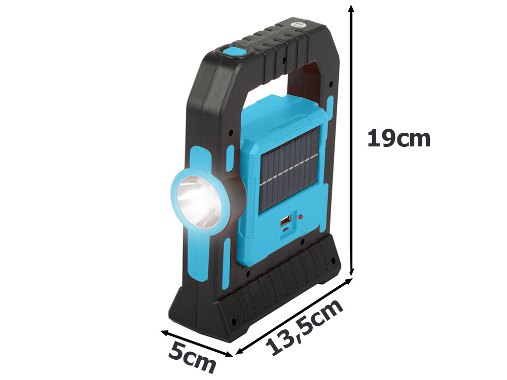 handheld flashlight, solar panel, blue-black, compact, dimension 19cm