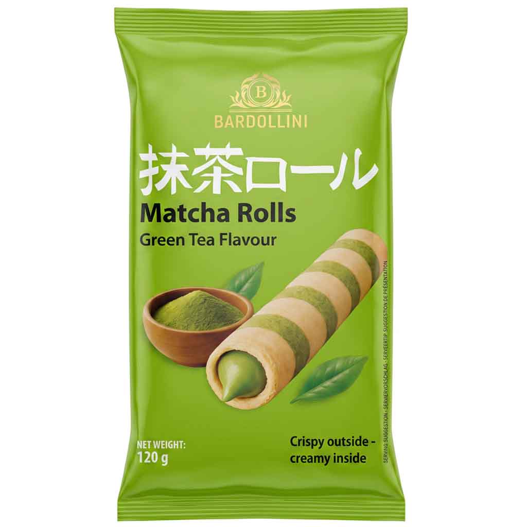 Matcha Rolls, Grüner Tee Geschmack, Knusprige Außenseite, Cremiges Inneres, Nettogewicht 120 g