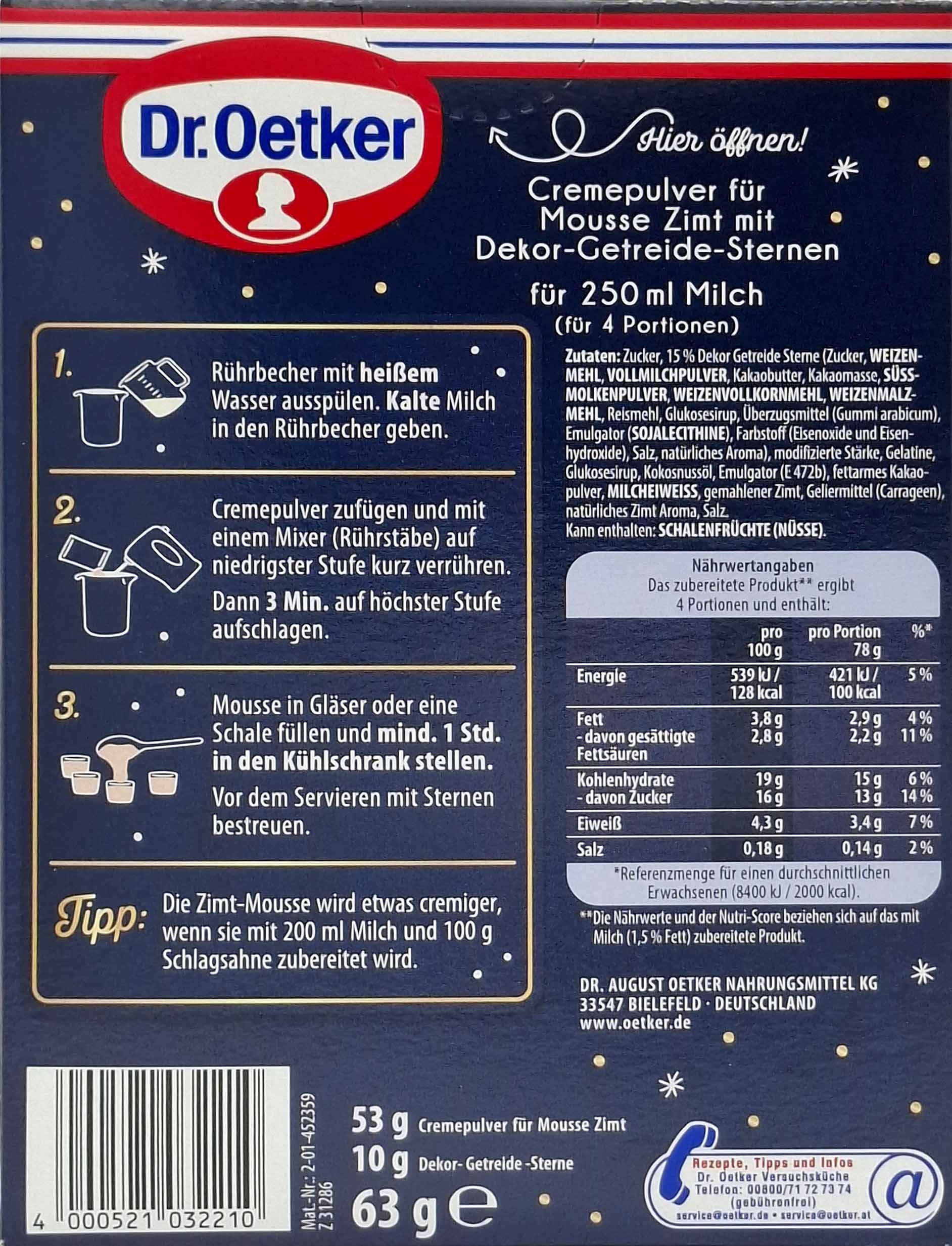 Cremepulver, Mousse Zimt, Dekor-Getreide-Sterne, Milchprodukt, Backanleitung
