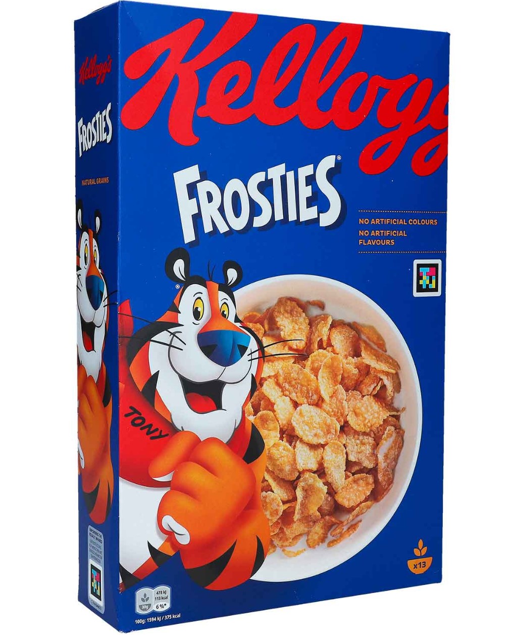 Frosties, Cornflakes, Blaues Verpackung, Tier-Charakter, Körnige Stücke