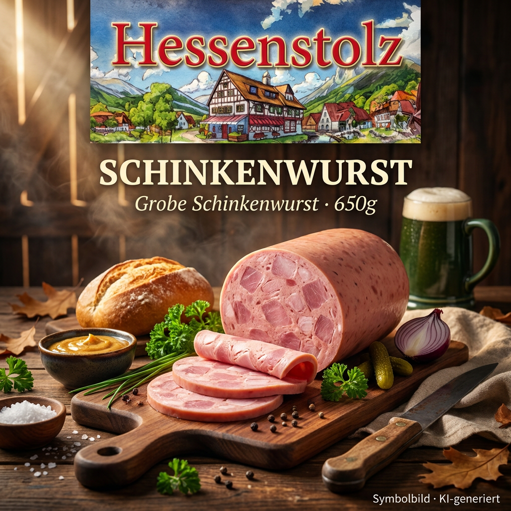 Schinkenwurst, Grobe Schinkenwurst, Wurstscheiben, Kochaufschnitt, Holzbrett
