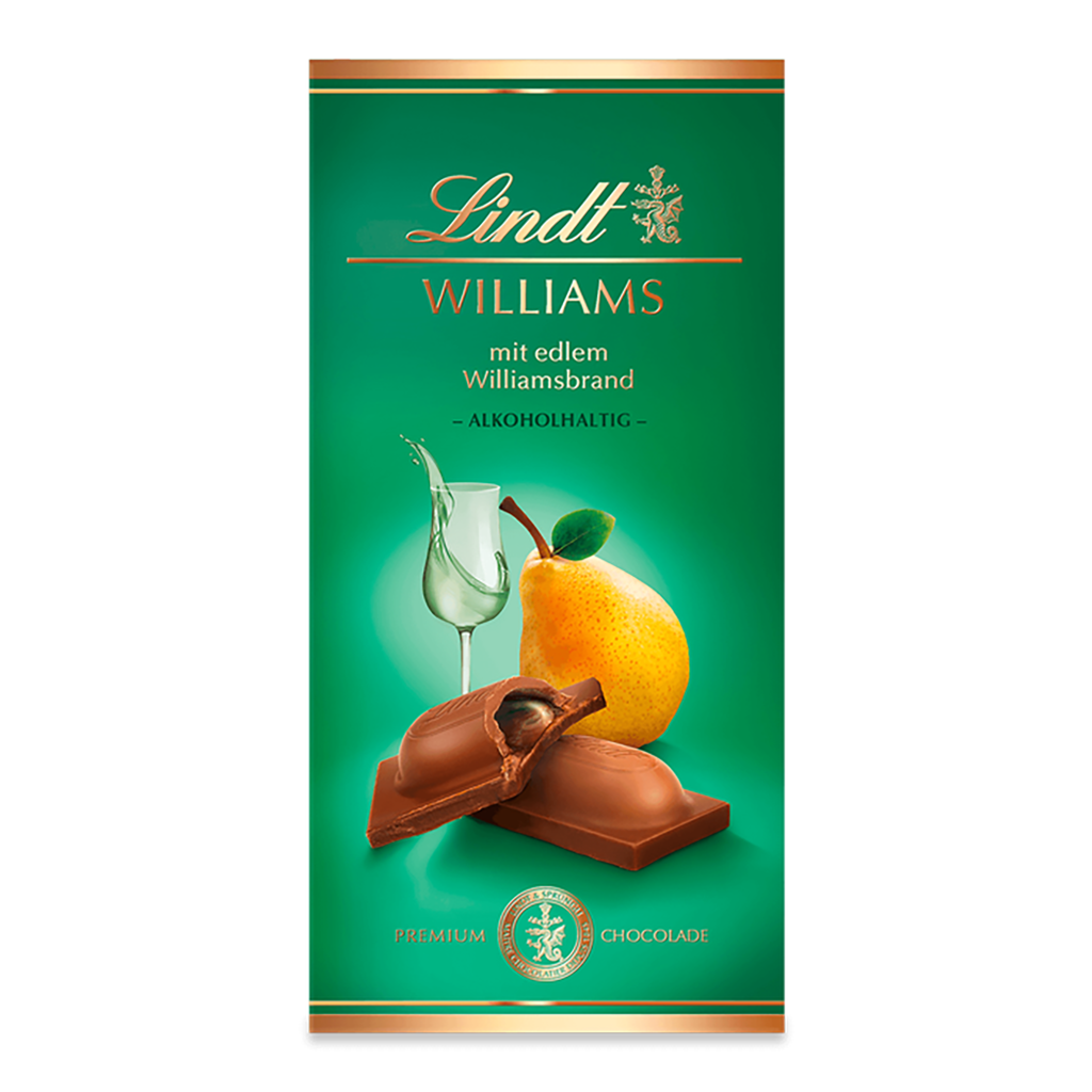 Lindt Vollmilchschokolade mit Williams-Birnenbrand-Füllung 100g MHD 30.01.27