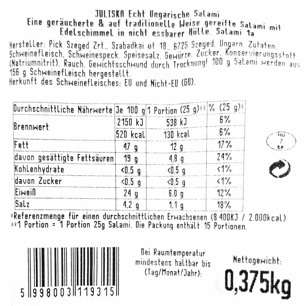 Pick Juliska orig. ungarische Salami 375g, Zutaten