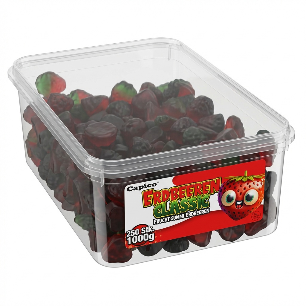 Kleines Obst, Himbeeren, Gummi-Obst, Fruchtgummi, Beutel Wasserbehälter