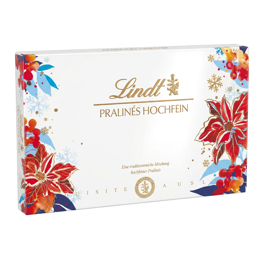 Schokolade, Pralinen, Weihnachtspaket, Goldbraune Schrift, Paketdesign