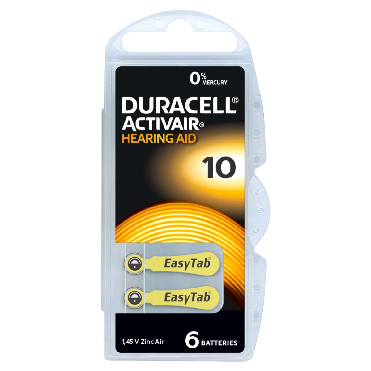 Duracell Activair Zink Luft Hörgerätebatterie A10 / PR70 1,45V – 6er Aufbewahrungsbox MHD 30.08.29