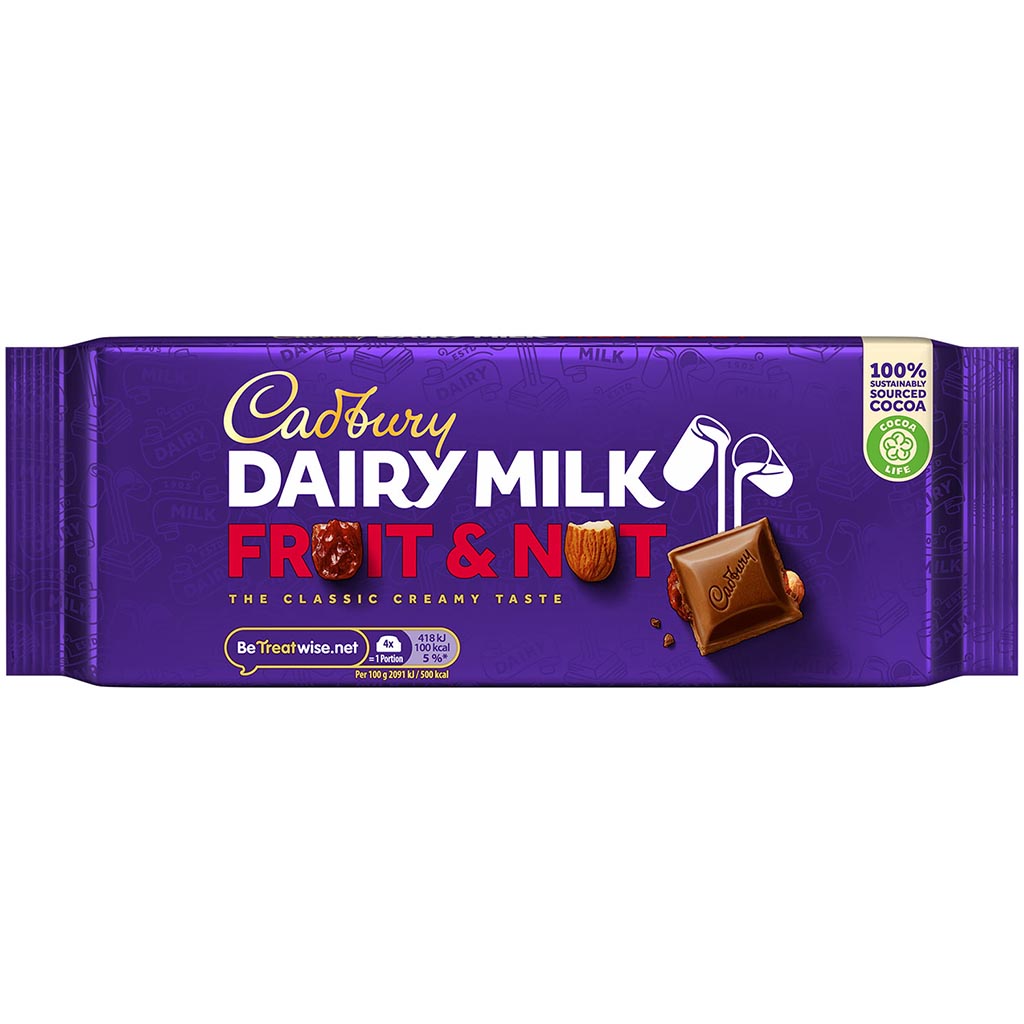 Dairy milk, Chocolate bar, Fruit & Nut, Purple packaging, Cadbury