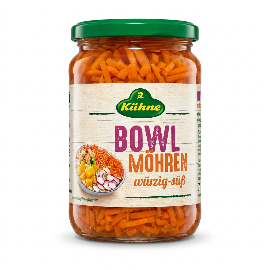 Glasjar, Karottenstreifen, Bowl Möhren, Würzig-süß, Essig?