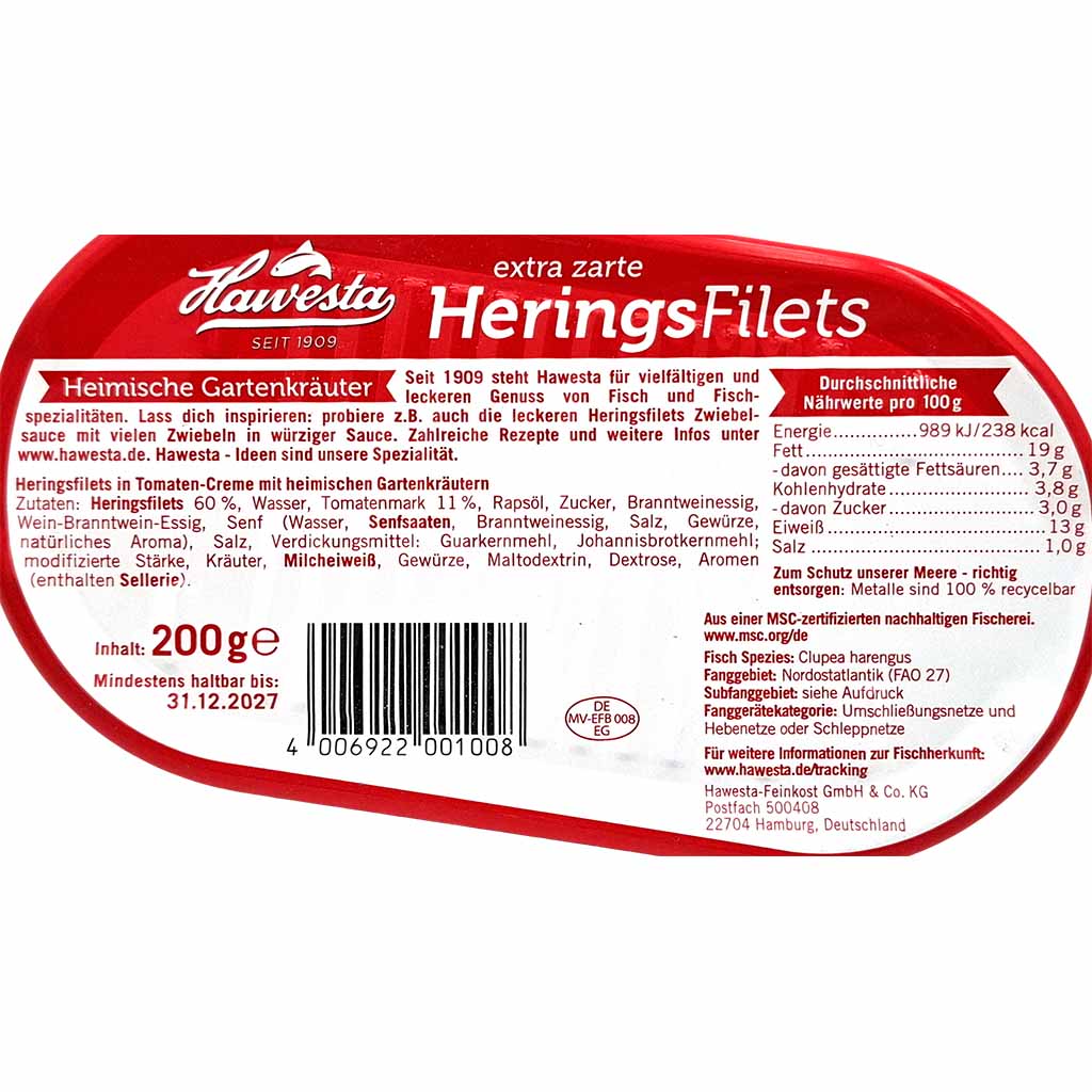 Heringsfilets, Hering, Fisch, Tomaten-Creme, 200 g