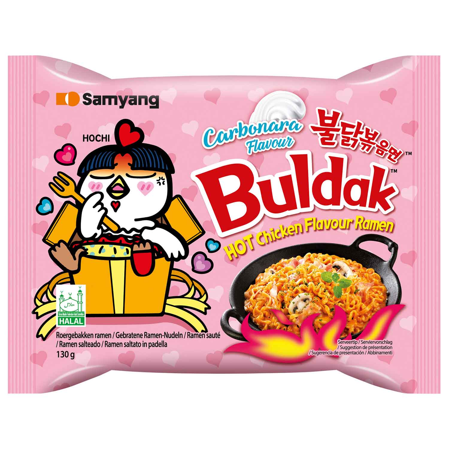 Instant-Noodle, Ramen, Hot-Chicken, Carbonara-Flavour, Rosa-Verpackung