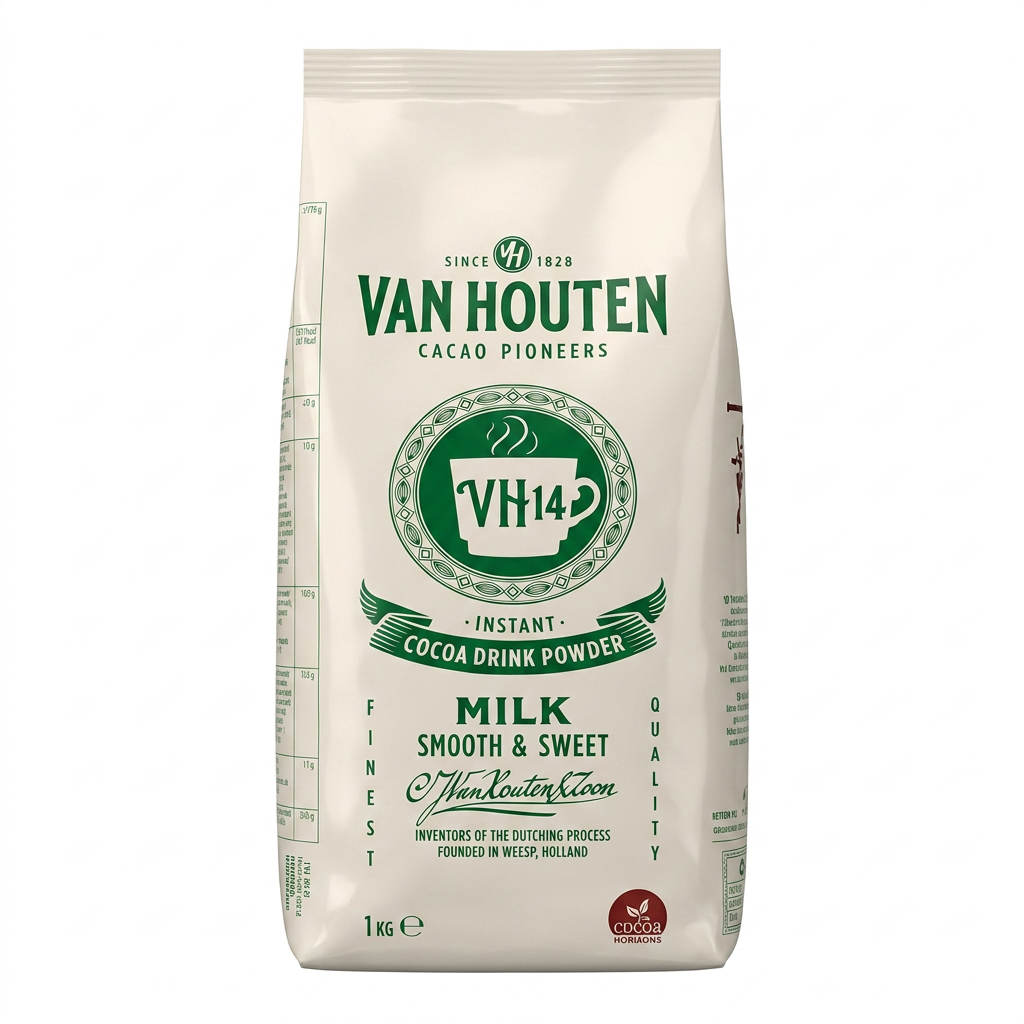 milch, kakaopulver, instantgetränk, verpackung, van houten