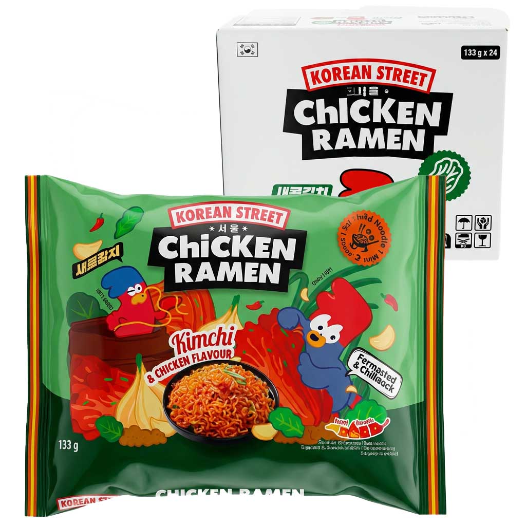 Hähnchen-Ramen, Korean Street, Kimchi-Geschmack, Instantnudeln, Verpackung mit Beutel