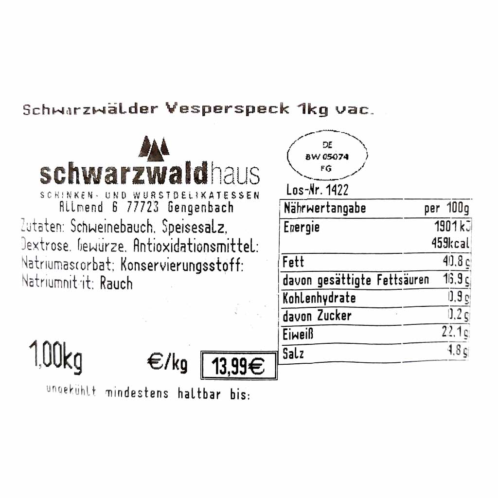 Schwarzwaldhaus Vesperspeck 1 kg aus Schweinebauch