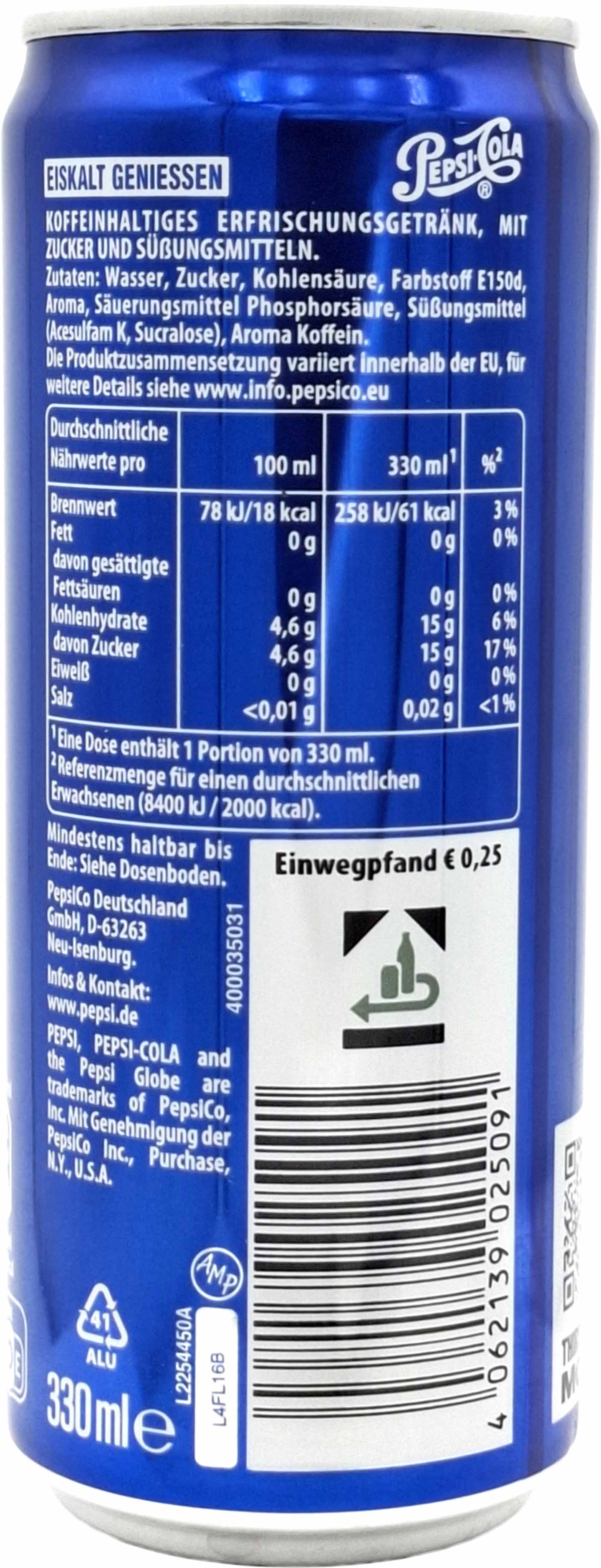 Pepsi Cola DOSE 0,33L, 4062139025091, Zutaten