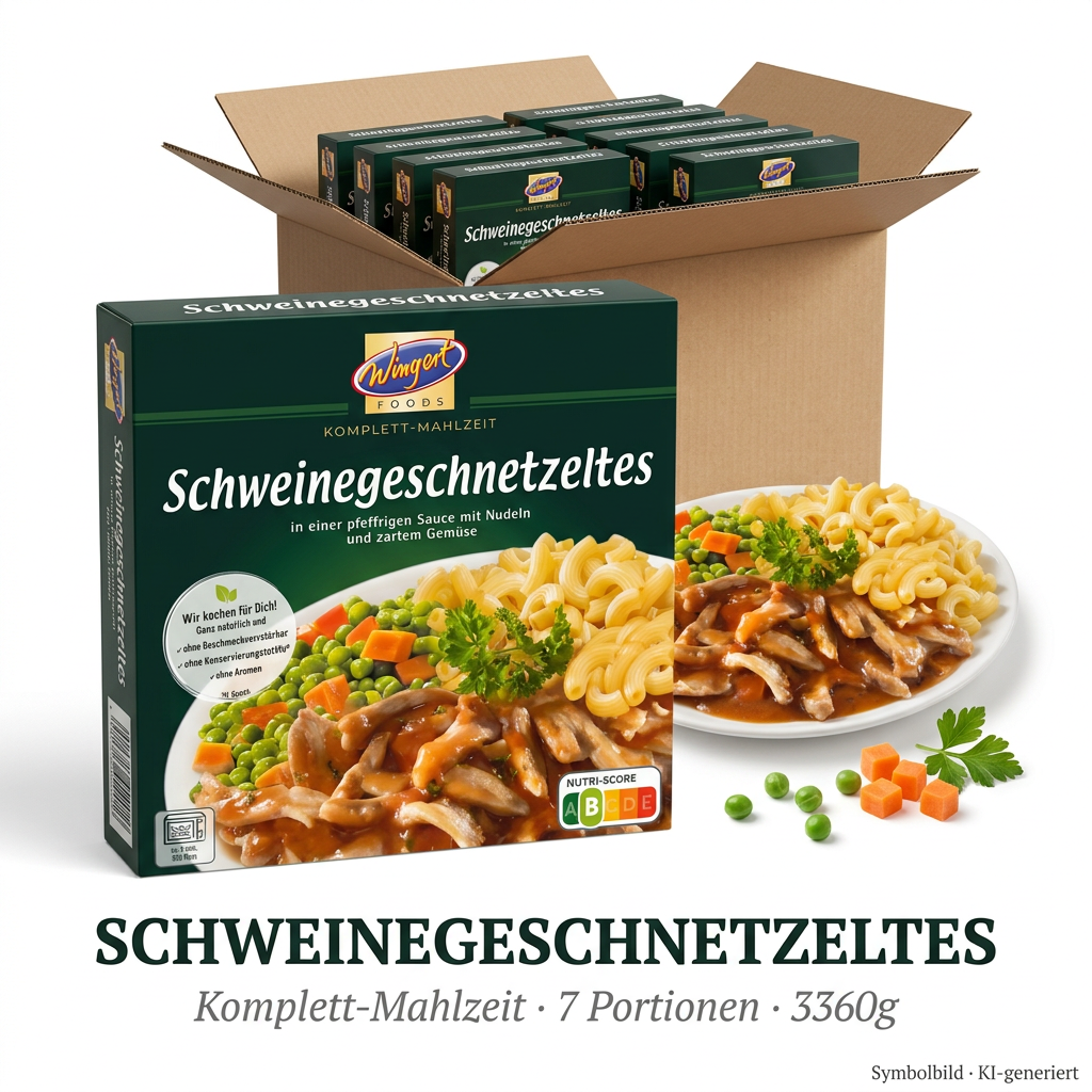 Schweinefleisch, Schnetzeltes, Nudelgericht, Komplett-Mahlzeit, 3360g, Schweinegeschnetzeltes, Nudeln, Gemüse, Königsfisch?, packung