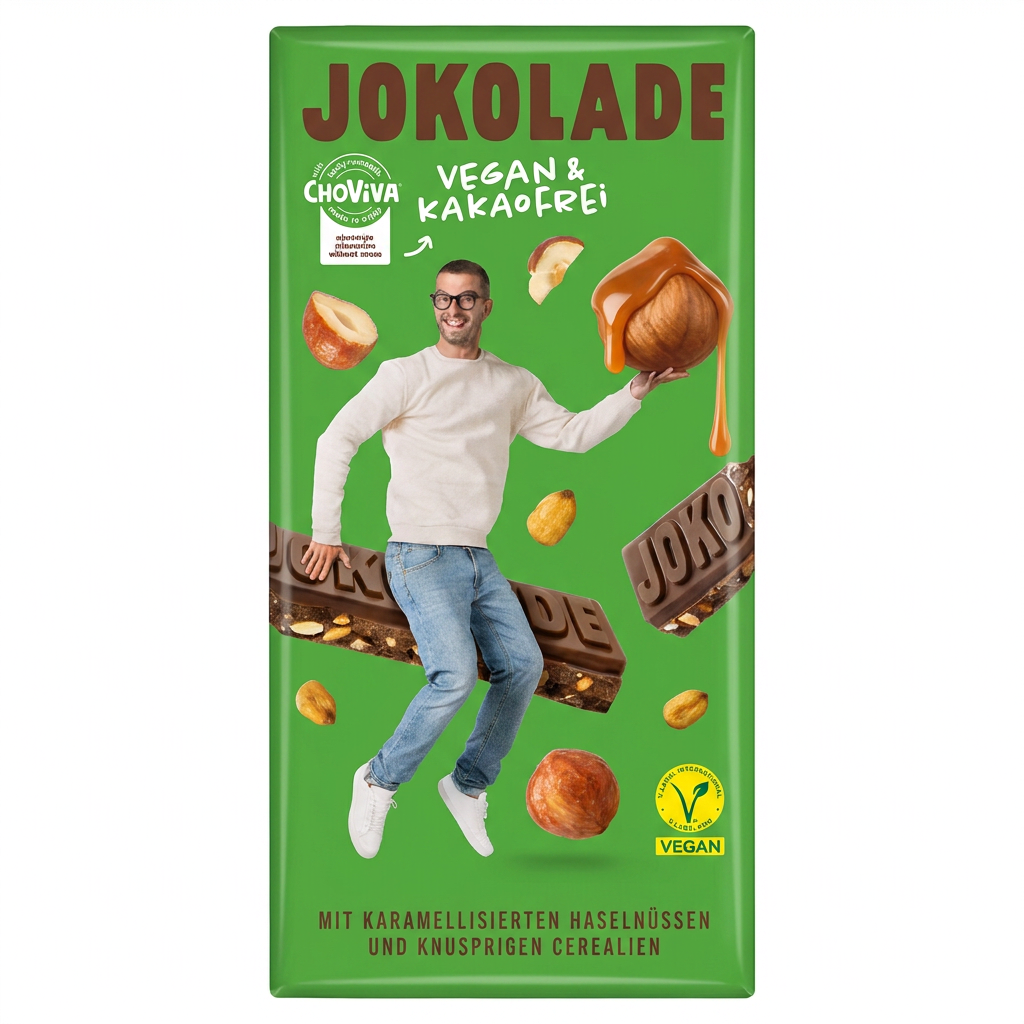 vegan chocolate, jokola­de bar, hazelnuts, snap chocolate, green packaging