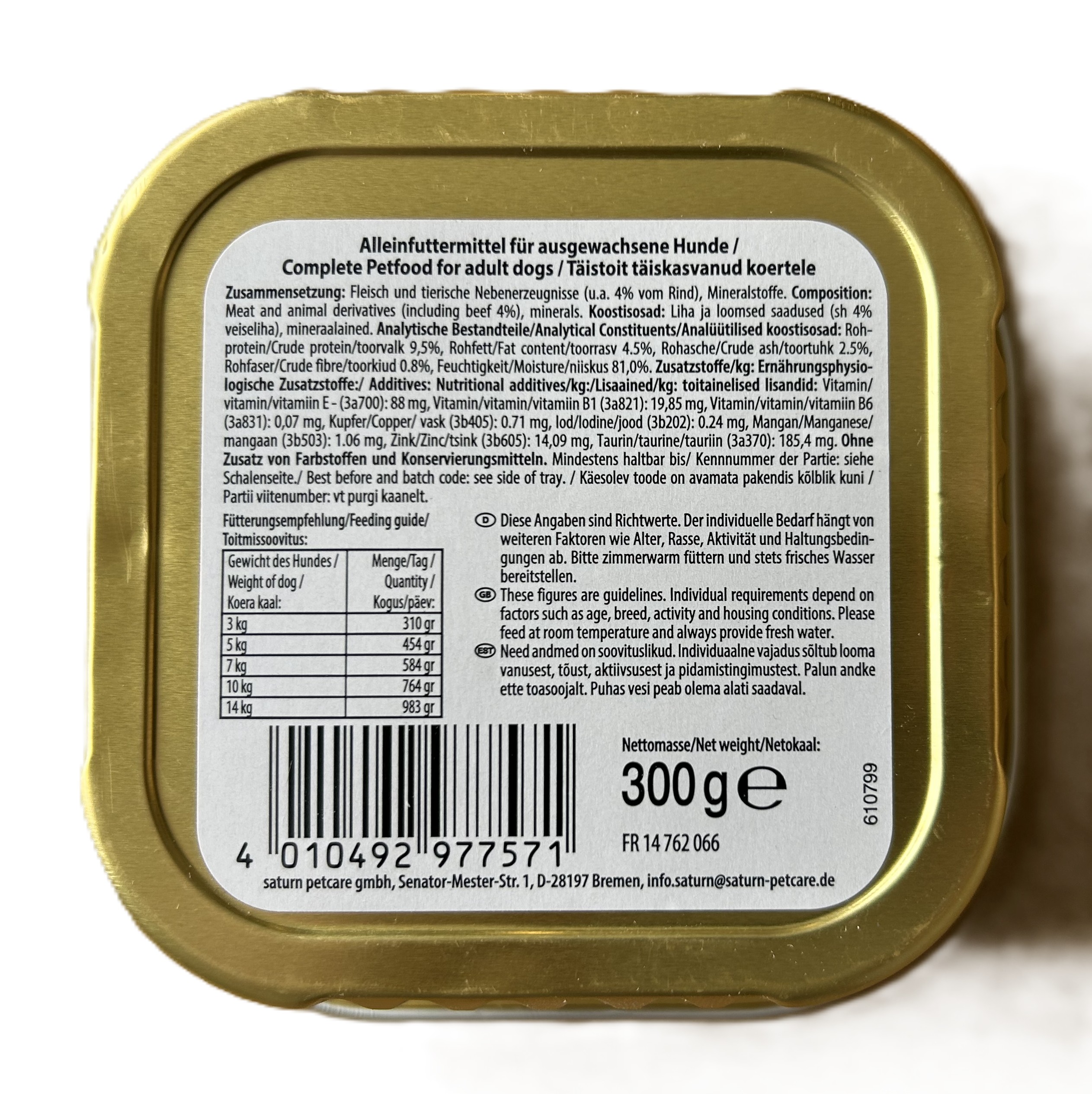 Hunde-Nahrung, Dosenfutter, 300 g, Metalldose, Tierfutter