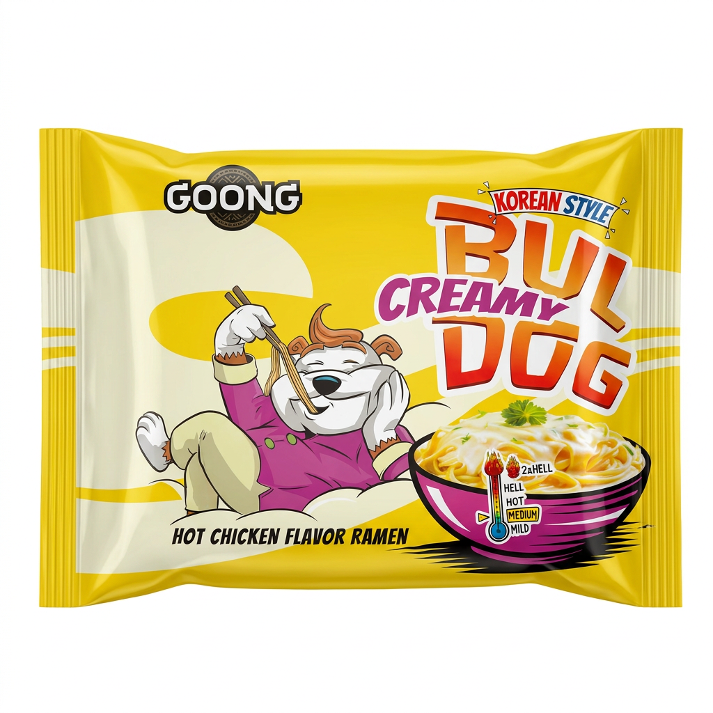 instant-noodles, ramen, bulldog, yellow-packaging, spicy-hot