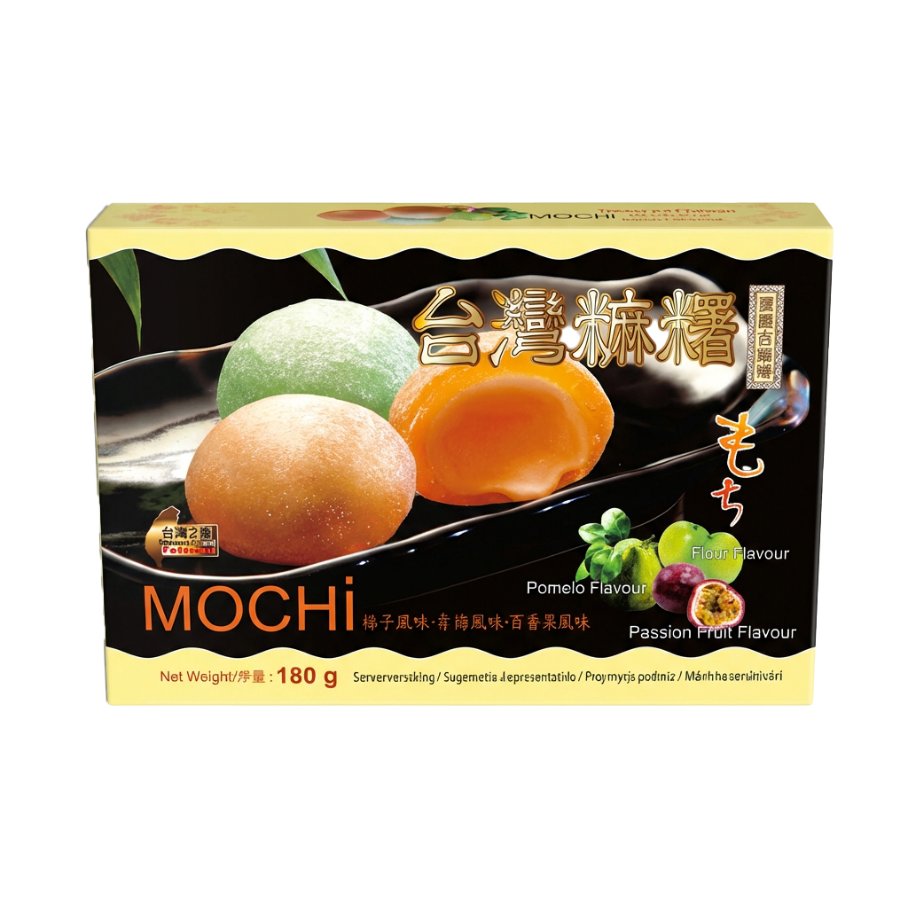 Mochi, Farbige Mochi, Glutengebackene Mochi, Pfirsich-Farbe, Fruchtfüllung