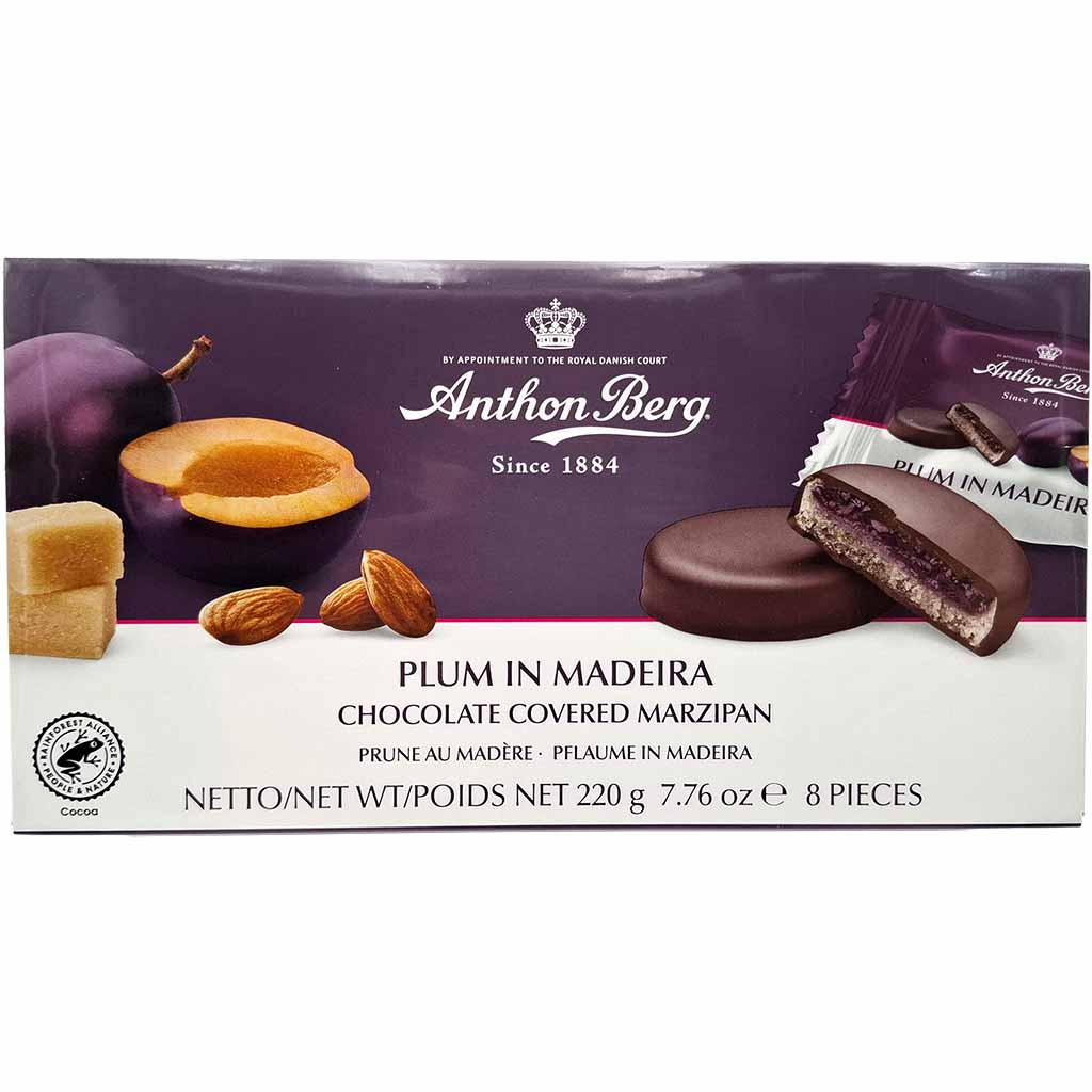 Pflaume in Madeira, Schokolade überzogene Marzipan, Mandeln, Pflaumen, Verpackungskarton