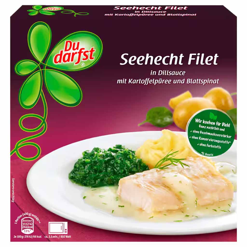 Seeteich Filet, Dillsoße, Kartoffelpüree, Blattspinats, Fischgericht