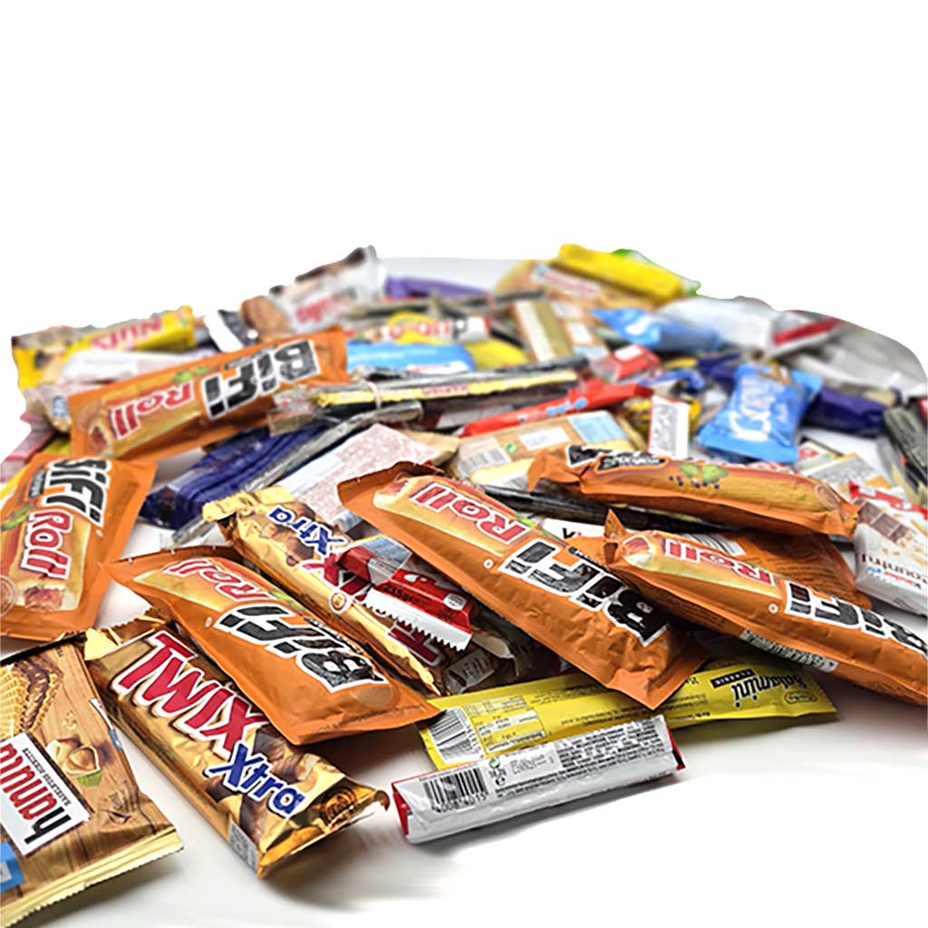 Süßigkeiten, Schokoladenriegel, Snacks, Einwegverpackung, Sortiment