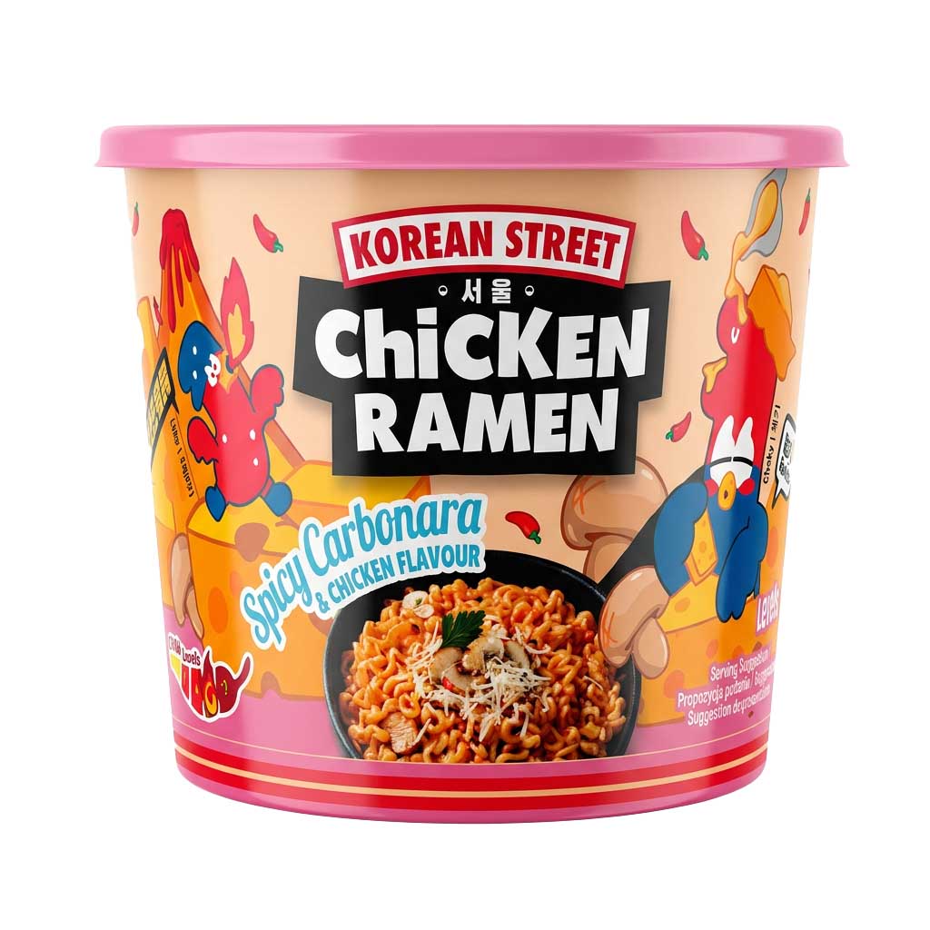 Hähnchen-Ramen, scharfe Carbonara, Instant-Suppe, Ramens cup, rosa Deckel