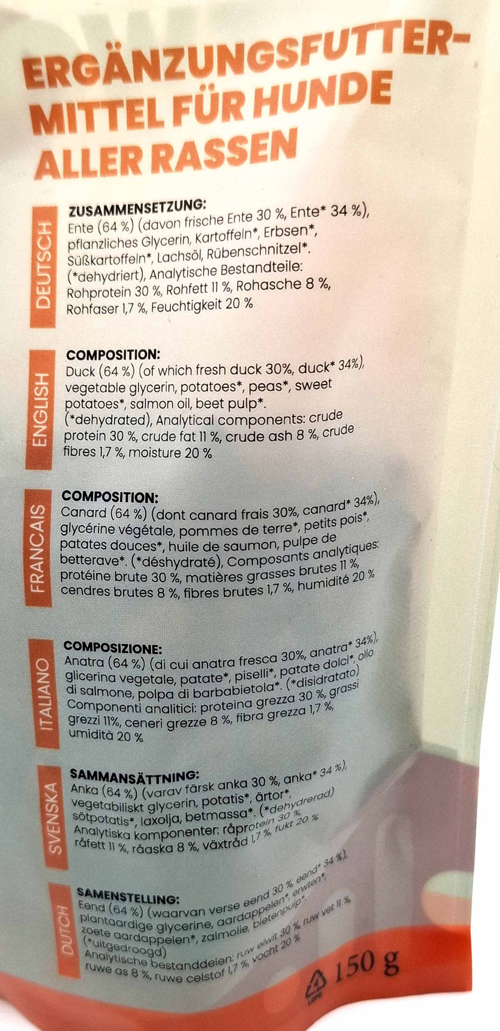 oranges industrielle packaging, dog supplement, ingredient list, 150 g, pet product